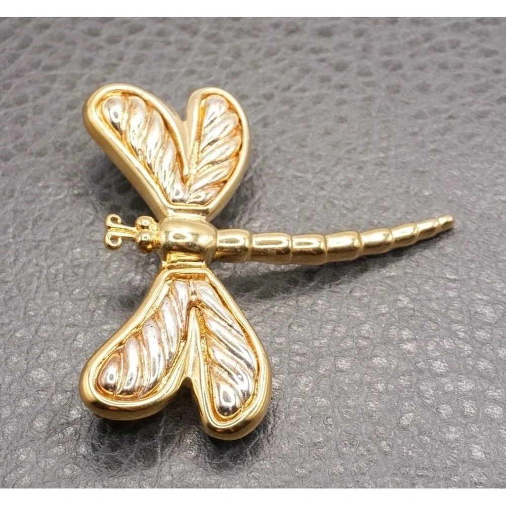 Vintage Dragonfly Brooch with Textured Wings Two Tone Gold Tone Silver Tone